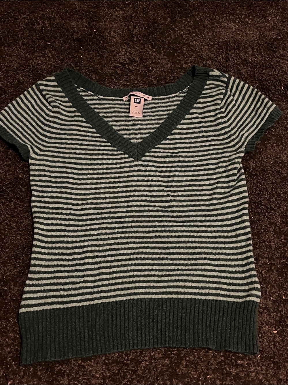 GAP Short Sleeve Striped V-Neck Sweater - Dark Green & Cream
